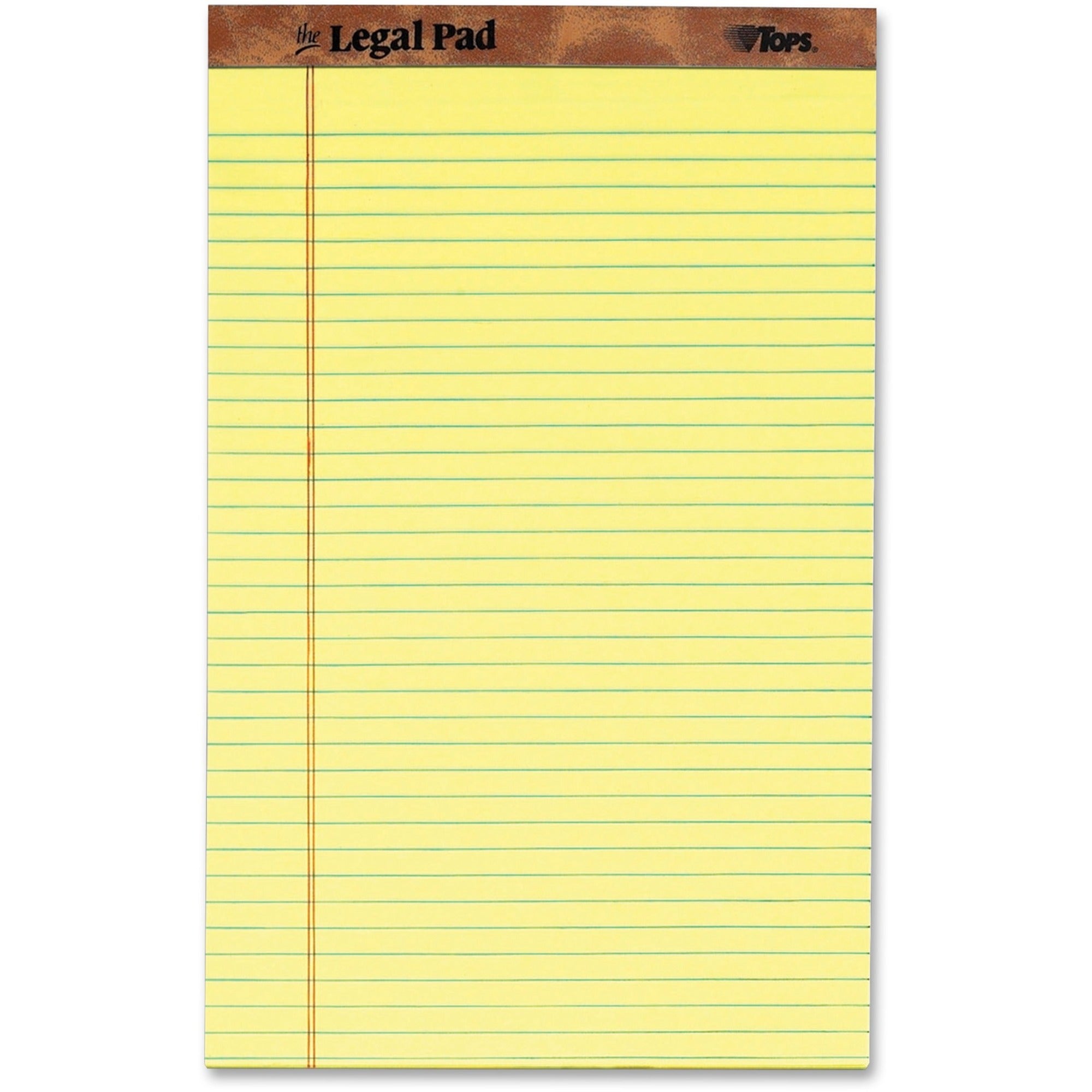TOPS The Legal Rule Writing Pads - Legal - 50 Sheets - Double Stitched - 0.34" Ruled - 16 lb Basis Weight - Legal - 8 1/2" x 14" Sheet Size - Canary Paper - Perforated, Hard Cover, Heavyweight - 1 Dozen