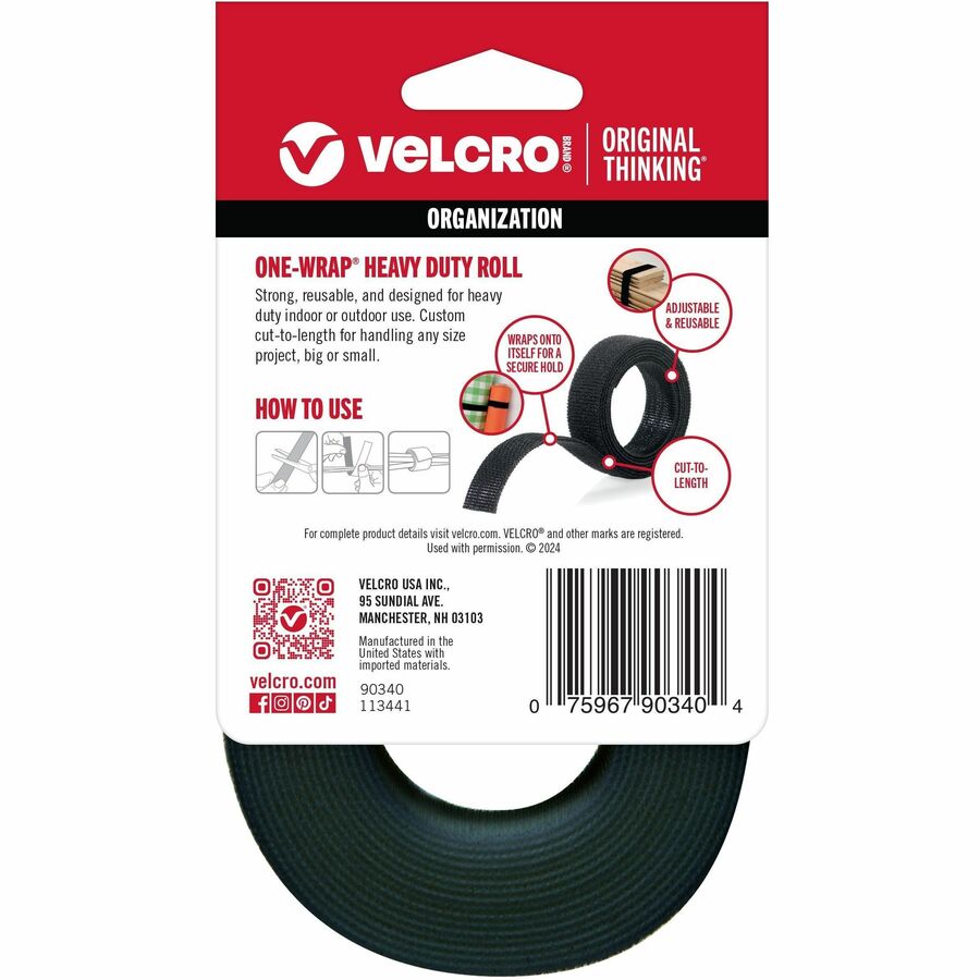 VELCRO® ONE-WRAP Roll 12ft x 3/4in Roll Black - 12 ft Length x 0.75" Width - Black - For Bundling, Wrapping, Holding, Indoor, Outdoor, Multipurpose, Home, Worksite, Office, Transportation, Garage, ... Roll - 1 / Pack