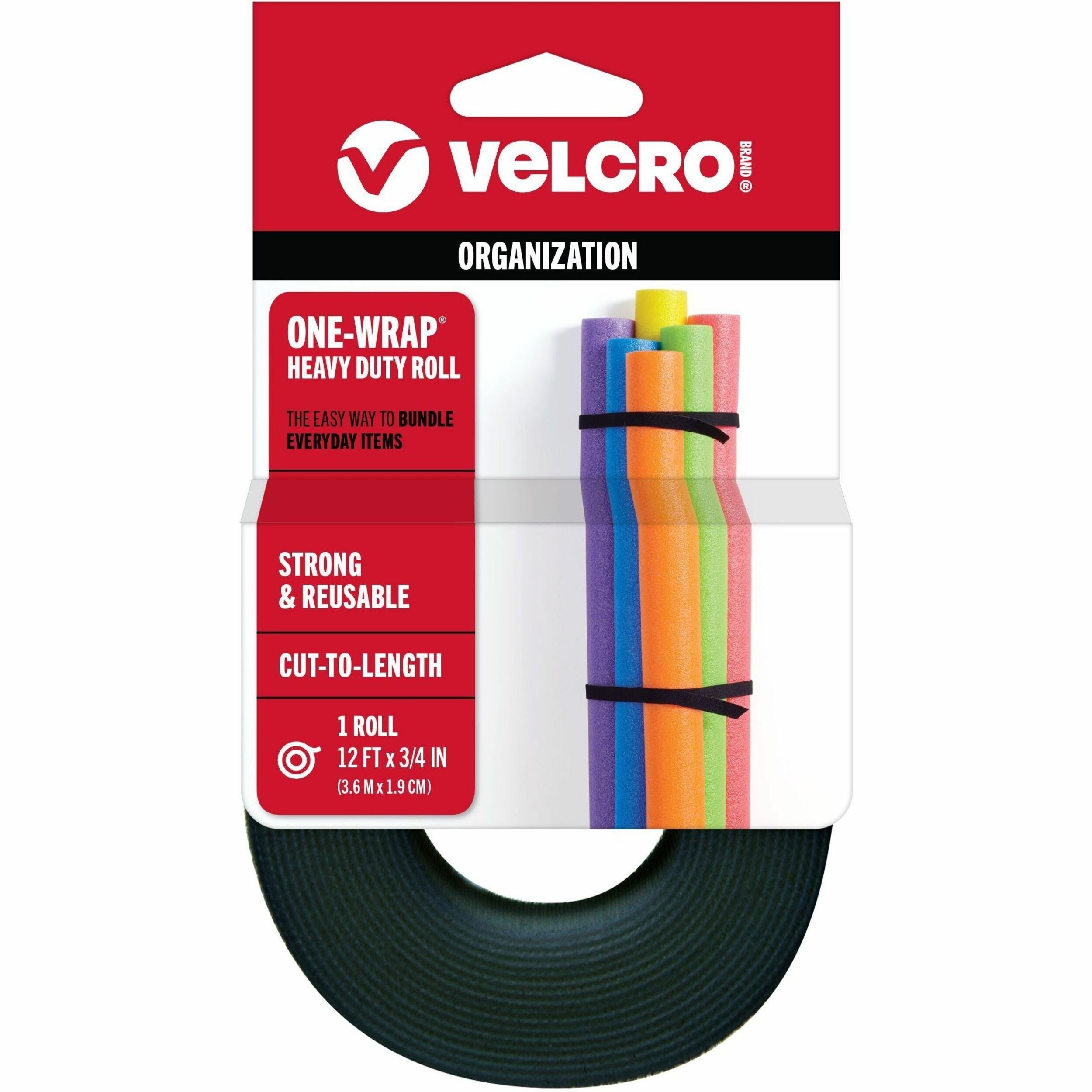 VELCRO® ONE-WRAP Roll 12ft x 3/4in Roll Black - 12 ft Length x 0.75" Width - Black - For Bundling, Wrapping, Holding, Indoor, Outdoor, Multipurpose, Home, Worksite, Office, Transportation, Garage, ... Roll - 1 / Pack