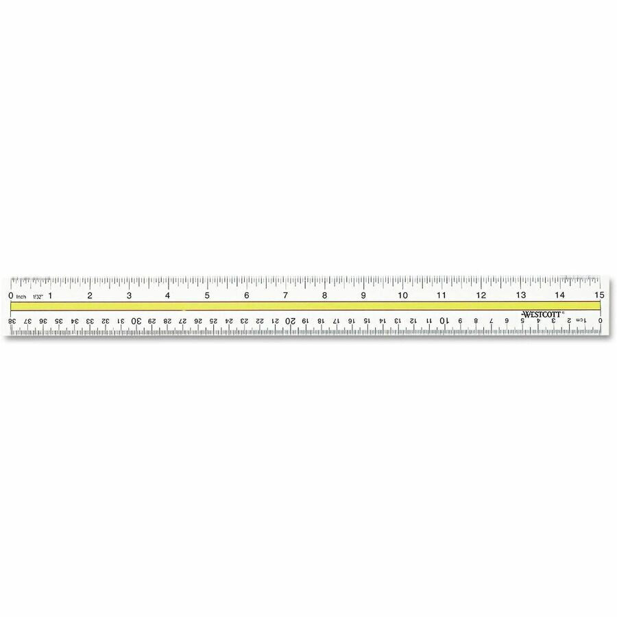 Westcott 15" Data Hightlight Ruler - 15" Length x 1" Width - Metric, Imperial Measuring System - Acrylic - Clear - 1 Each