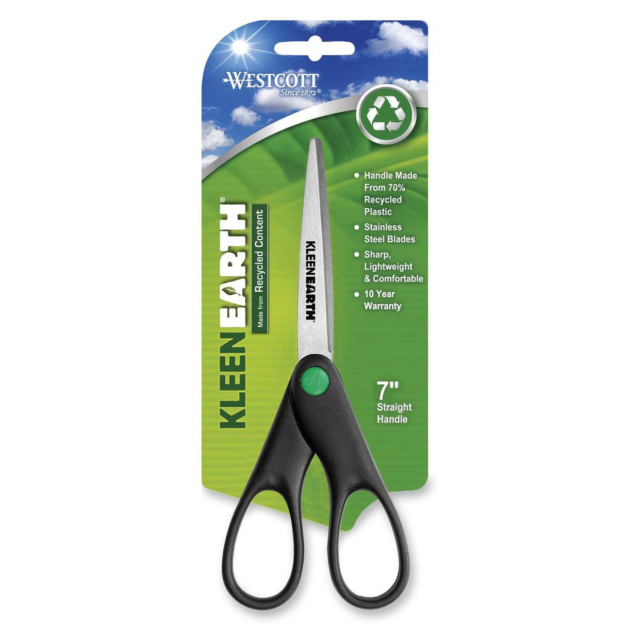 Westcott KleenEarth Recycled 7" Scissors - 2.75" Cutting Length - 7" Overall Length - Straight-left/right - Stainless Steel - Pointed Tip - Black, Silver - 1 Each