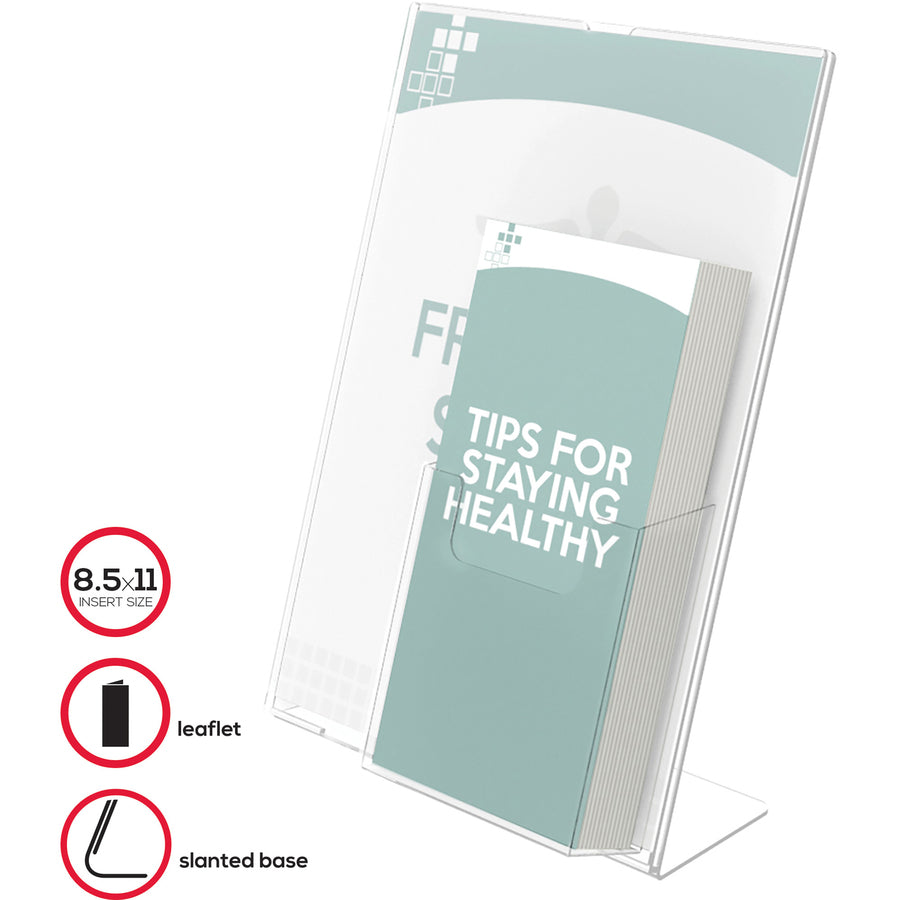 Deflecto 4" Pocket Slanted Plastic Sign Holder - 11" Width x 8.5" Height - Rectangular Shape - Plastic - Clear - 1 Each