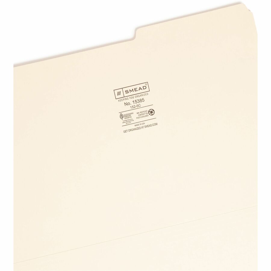 Smead 2/5 Tab Cut Legal Recycled Top Tab File Folder - 8 1/2" x 14" - 3/4" Expansion - Top Tab Location - Right Tab Position - 11 pt. - 1 Plys - Manila - Rounded Corner - 10% Recycled - 100 / Box