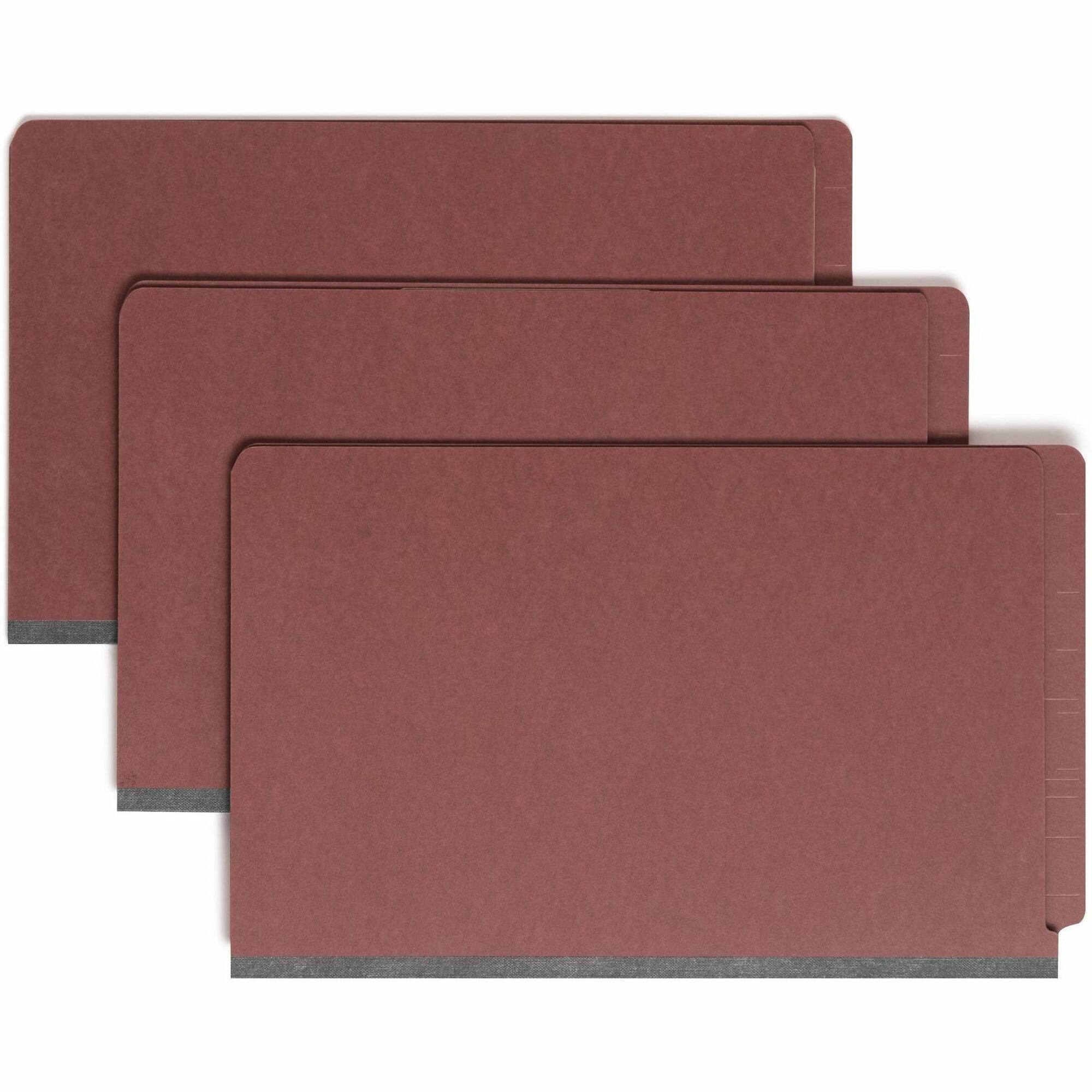 Smead 1/3 Tab Cut Legal Recycled Classification Folder - 8 1/2" x 14" - 2" Expansion - 2 x 2S Fastener(s) - 2" for Folder, 1" for Divider - End Tab Location - 1 Divider(s) - 25 pt. - Pressboard - Red - Rounded Corner - 100% Recycled - 10 / Box