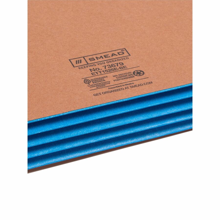 Smead Straight Tab Cut Letter Recycled File Pocket - 8 1/2" x 11" - 3 1/2" Expansion - 1 Pocket(s) - Top Tab Location - 12.5 pt. - 2 Plys - Blue - 30% Recycled - 10 / Box