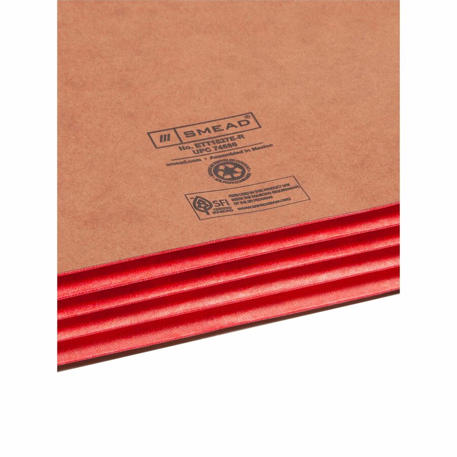 Smead TUFF Pocket Straight Tab Cut Legal Recycled File Pocket - 8 1/2" x 14" - 3 1/2" Expansion - 1 Pocket(s) - End Tab Location - Top Tab Position - 12.5 pt. - 2 Plys - Redrope - Red - Tear Resistant - 30% Recycled - 10 / Box