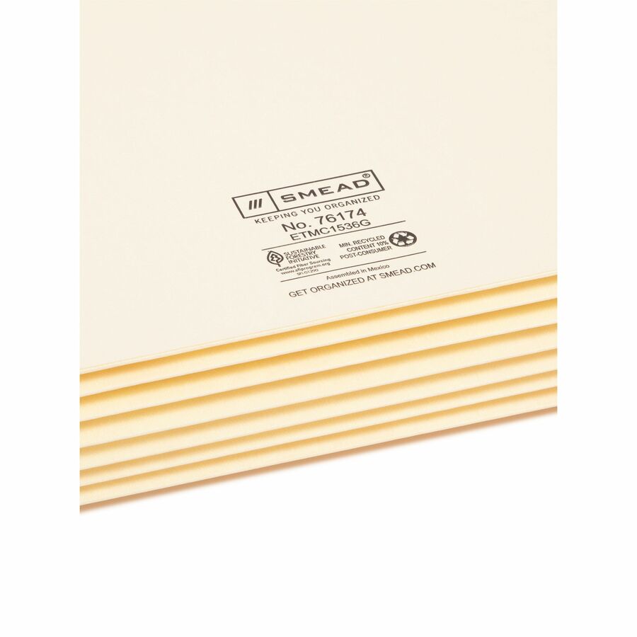 Smead Straight Tab Cut Legal Recycled File Pocket - 8 1/2" x 14" - 5 1/4" Expansion - 11 pt. - 2 Plys - Manila - Reinforced Gusset, Embossed - 10% Recycled - 10 / Box
