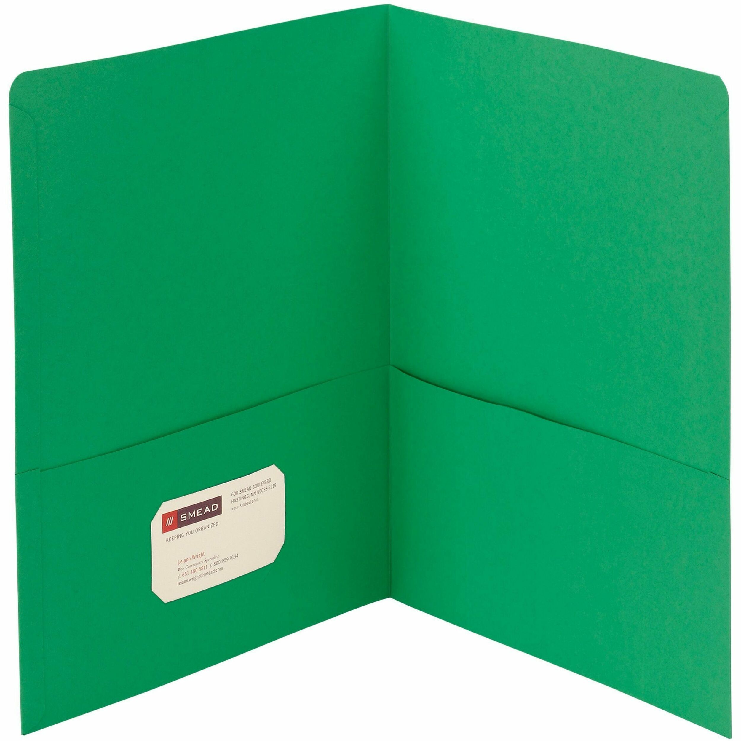 Smead Letter Recycled Pocket Folder - 8 1/2" x 11" - 100 Sheets Capacity - Folder - 2 Pocket(s) - 11 pt. - Leatherette - Green - 10% Recycled - 25 / Box