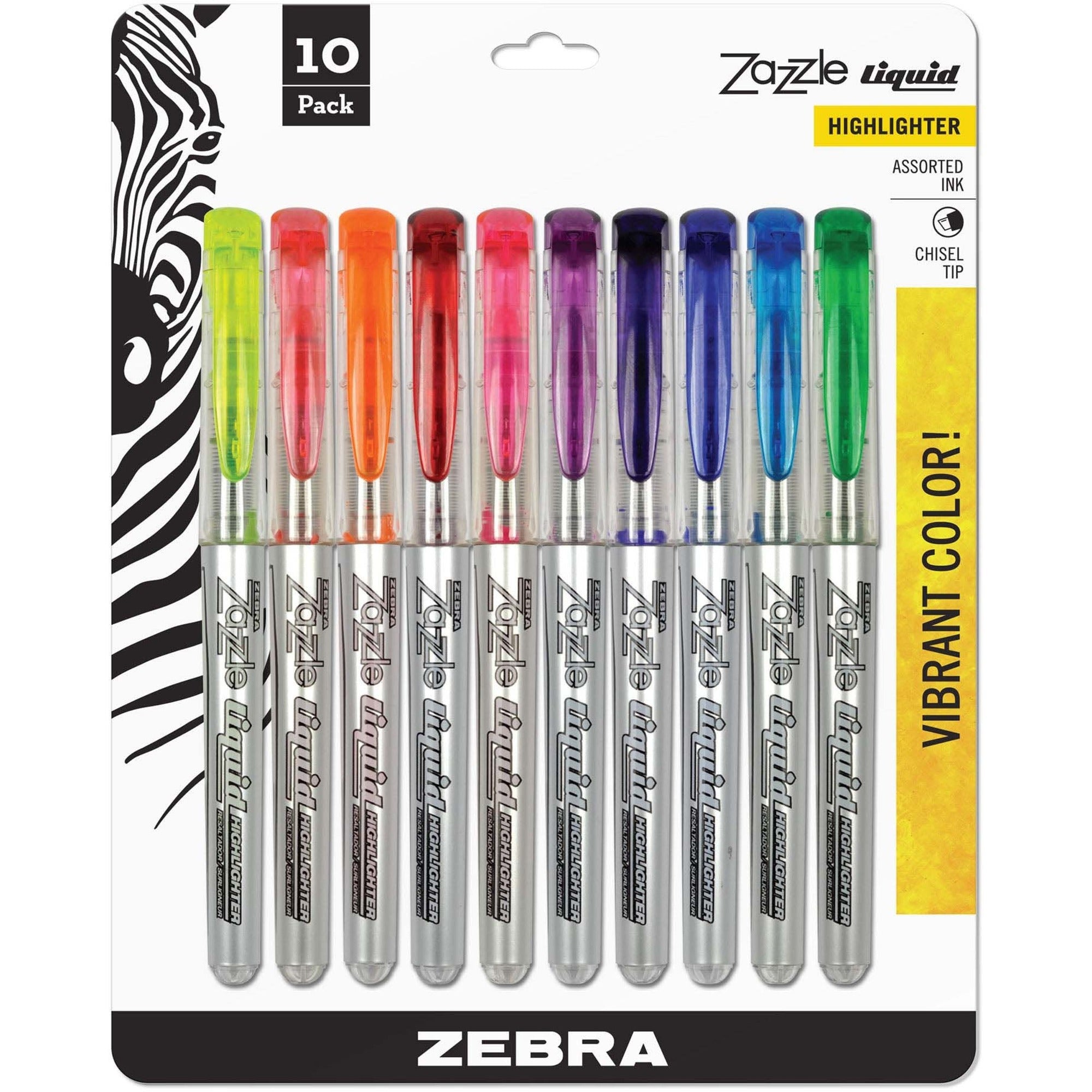 Zebra Pen Zazzle 10-color Fluorescent Highlighters Set - Chisel Marker Point - Assorted Ink - Water Based - Clear Barrel - 10 / Set