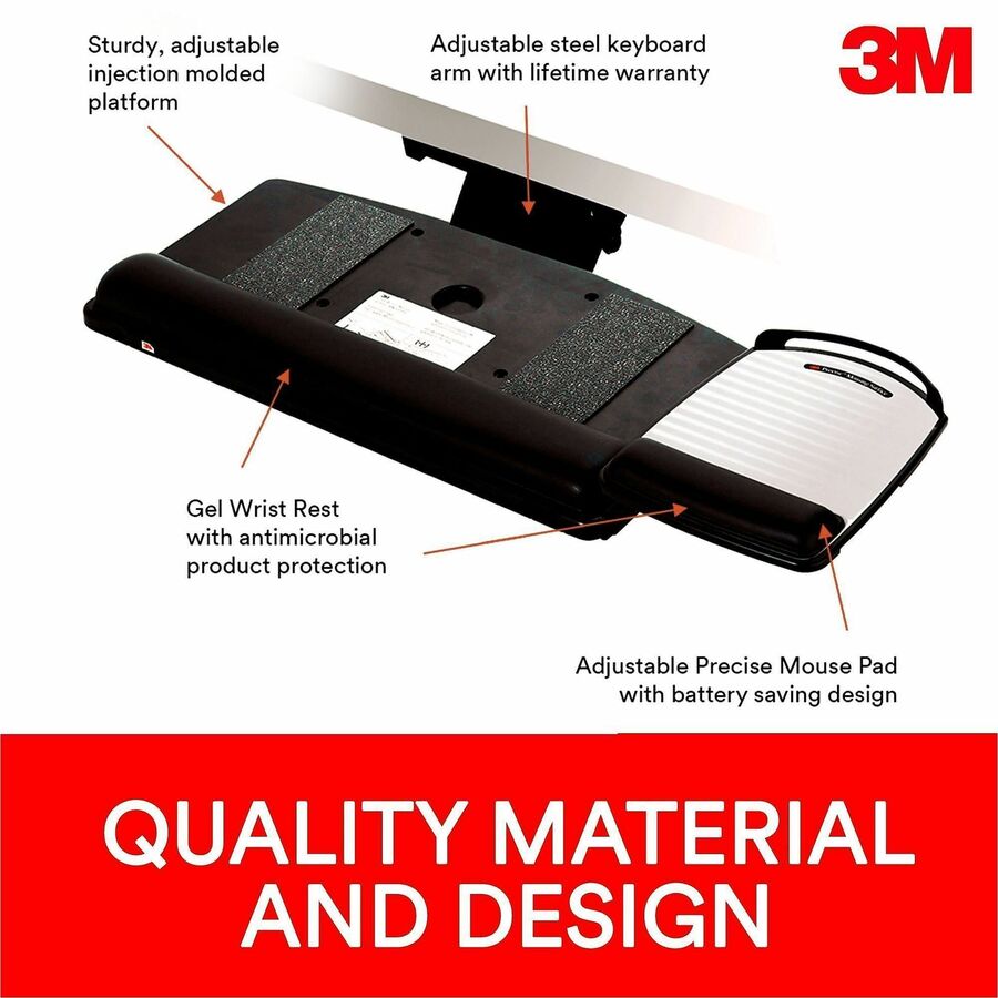 3M Sit/Stand Easy Keyboard Tray Platform Gel Wrists Precise Mouse Pad - 26.5" Width x 10.6" Depth - Black - 1
