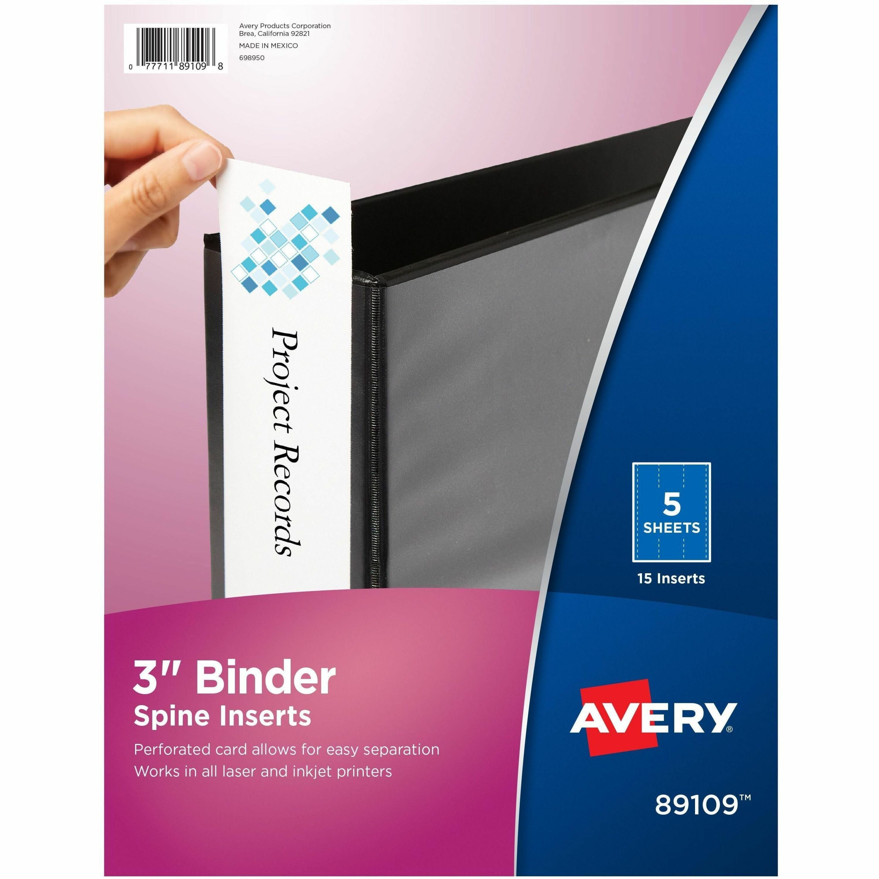 Avery&reg; Binder Spine Inserts, 3 Inch Binders, 15 Inserts (89109) - 3.5" Width - 15 Capacity - For 3" Sheet - 3 x Rings - Ring Binder - Bright White - Card Stock