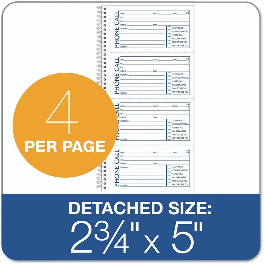TOPS Telephone Message Book - Spiral Bound - 2 Part - Carbonless Copy - 2.75" x 5" Form Size - 11" x 5.50" Sheet Size - White - 1 Each