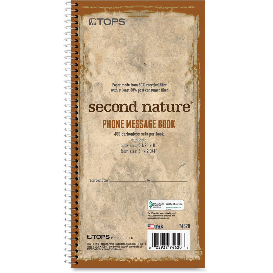 TOPS Telephone Message Book - Spiral Bound - 2 Part - Carbonless Copy - 2.75" x 5" Form Size - 11" x 5.50" Sheet Size - White - 1 Each