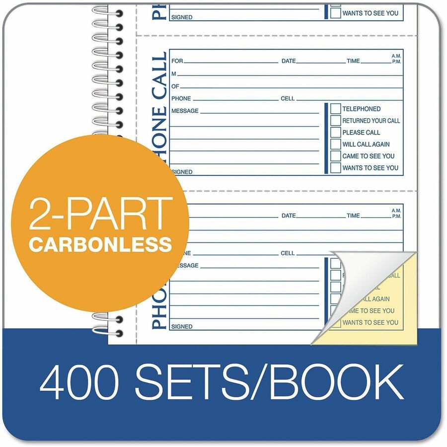 TOPS Telephone Message Book - Spiral Bound - 2 Part - Carbonless Copy - 2.75" x 5" Form Size - 11" x 5.50" Sheet Size - White - 1 Each