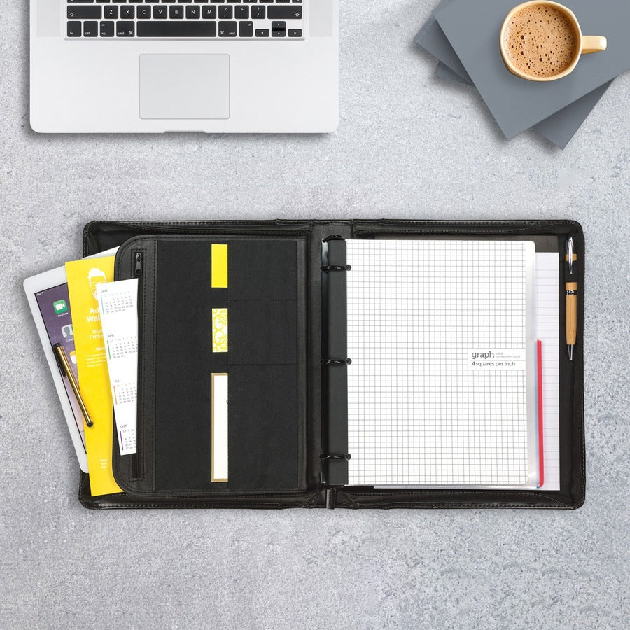 Samsill Regal Letter Pad Folio with Fastener - 1" Folder Capacity - 8 1/2" x 11" - 1" for Folder - Internal Pocket(s) - Leather, Metal - Black - Zipper Closure, Handle, Tablet Pocket, Document Pocket, Spine, Padded Handle, Padded Spine - 0% Recycled - ...