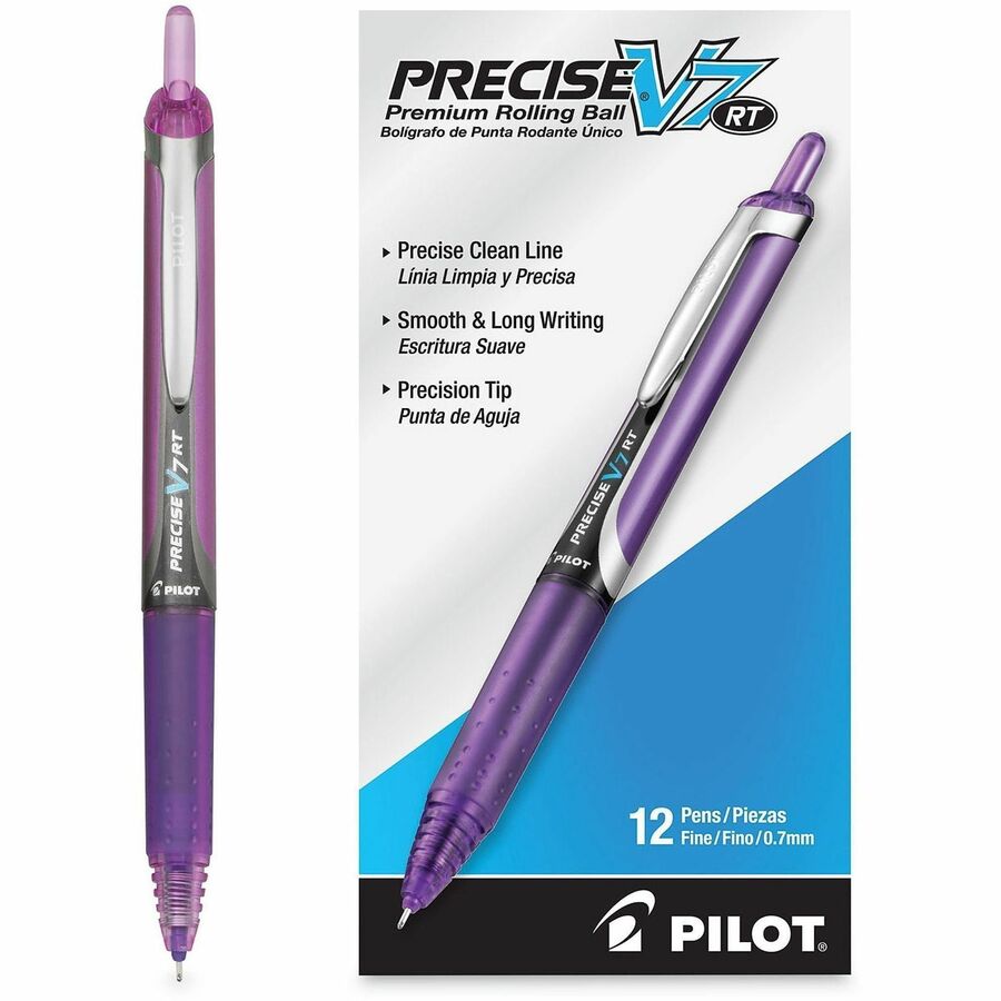Pilot Precise V7 RT Fine Premium Retractable Rolling Ball Pens - 0.7 mm Fine Pen Point - Refillable - Retractable - Purple Ink - Water Based - Purple Barrel - 1 Each
