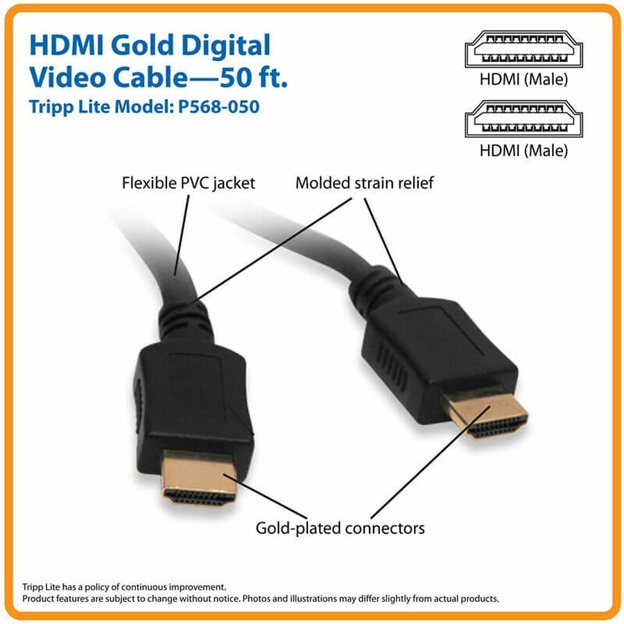 Tripp Lite series P568-050 HDMI Gold Digital Video Cable - 50 ft HDMI Video Cable - First End: 1 x 19-pin HDMI Type A Digital Audio/Video - Male - Second End: 1 x 19-pin HDMI Type A Digital Audio/Video - Male - Black