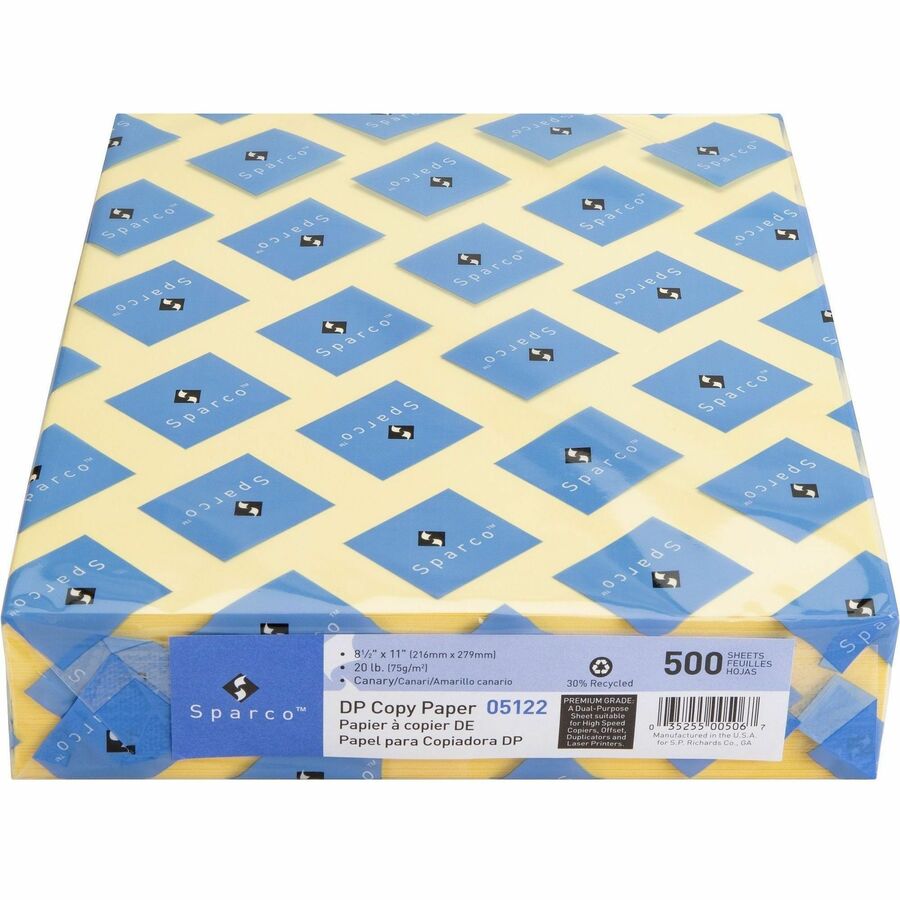 Sparco Premium Grade Pastel Color Copy Paper - Letter - 8 1/2" x 11" - 20 lb Basis Weight - Precision-cut, Lint-free, Acid-free, Archival-safe, Long Lasting - Canary - 10 / Carton