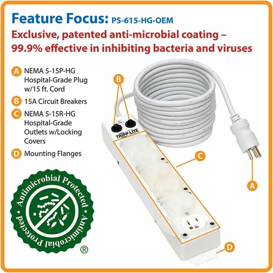 Tripp Lite series PS-615-HG-OEM 6-Outlets Power Strip - NEMA 5-15P-HG - 6 x NEMA 5-15R-HG - 15 ft Cord - 15 A Current - 120 V AC Voltage - White