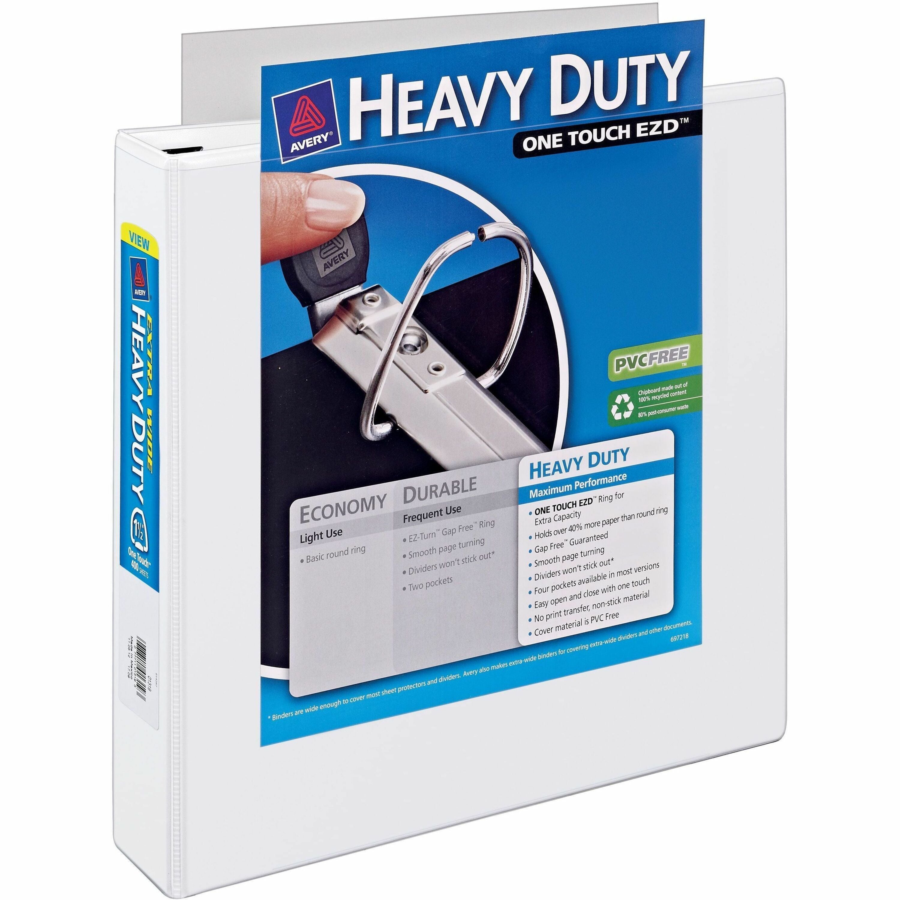 Avery&reg; Heavy-Duty View 3 Ring Binder, Extra Wide, 1.5" EZD Rings, 1 White Binder(01319) - 1 1/2" Binder Capacity - Letter - 8 1/2" x 11" Sheet Size - 400 Sheet Capacity - 3 x 1.50" Ring(s) - Fastener(s): D-Ring - Pocket(s): 4, Internal - Polypropyl...