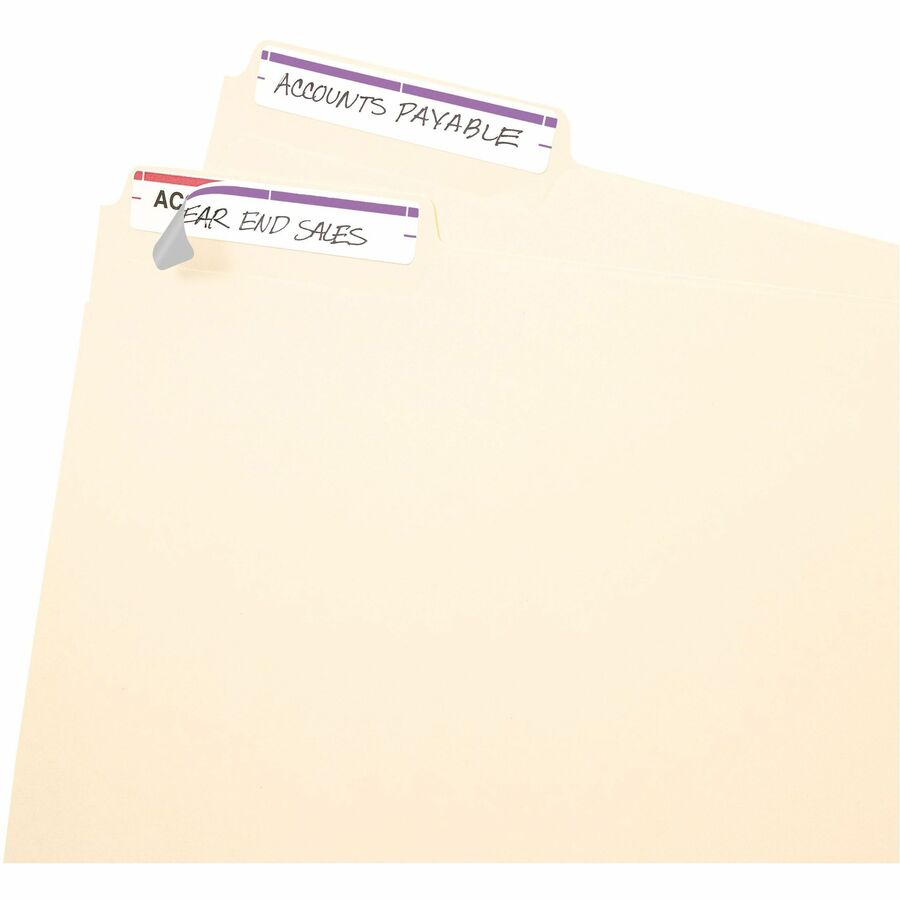 Avery&reg; File Folder Labels, White/Purple, 2/3" x 3-7/16" , 252 (5204) - 3 7/16" Height x 43/64" Width - Permanent Adhesive - Rectangle - Laser, Inkjet - Purple - Paper - PVC-free, Permanent Adhesive, Curl Resistant, Stick & Stay, Easy Peel - 7 / She...