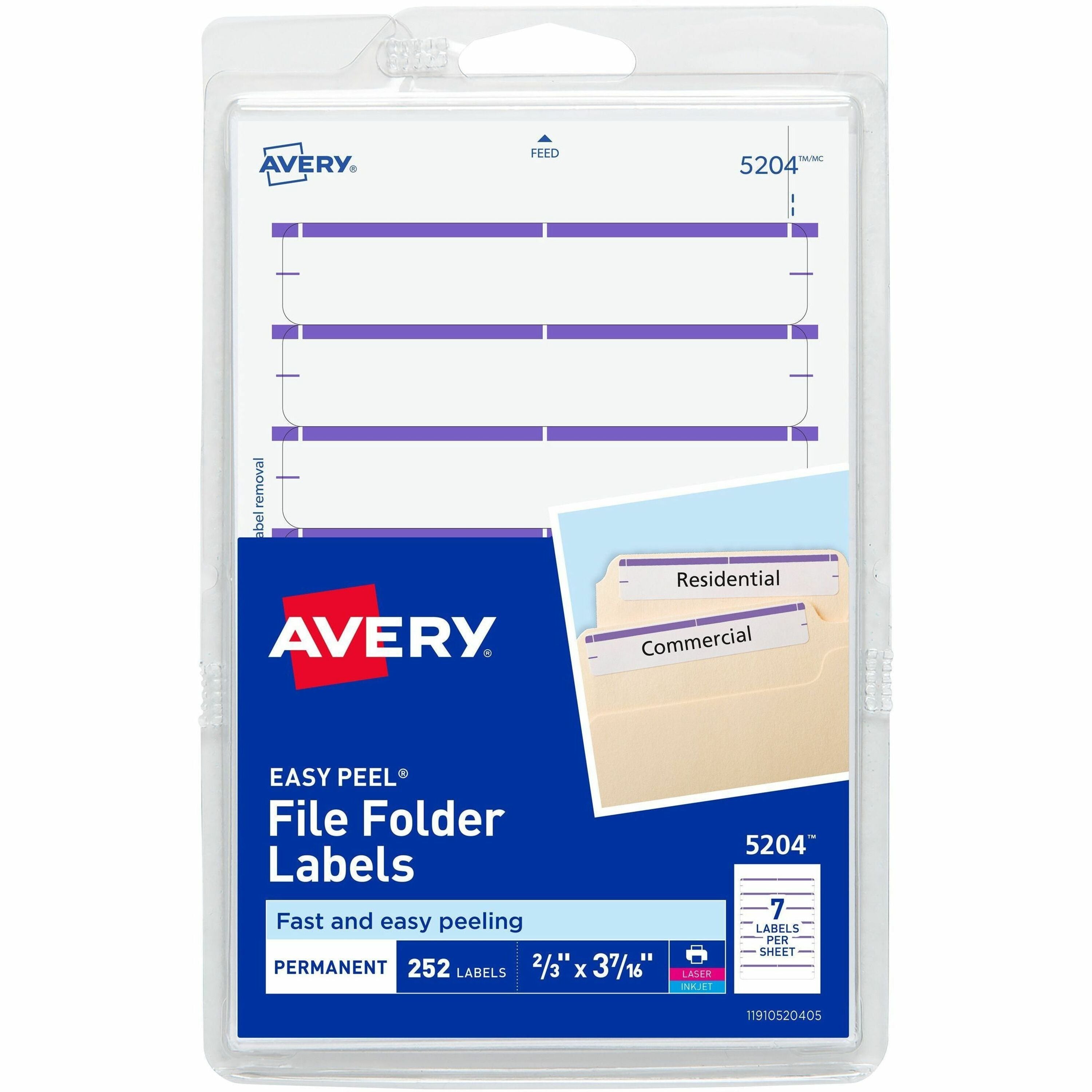 Avery&reg; File Folder Labels, White/Purple, 2/3" x 3-7/16" , 252 (5204) - 3 7/16" Height x 43/64" Width - Permanent Adhesive - Rectangle - Laser, Inkjet - Purple - Paper - PVC-free, Permanent Adhesive, Curl Resistant, Stick & Stay, Easy Peel - 7 / She...