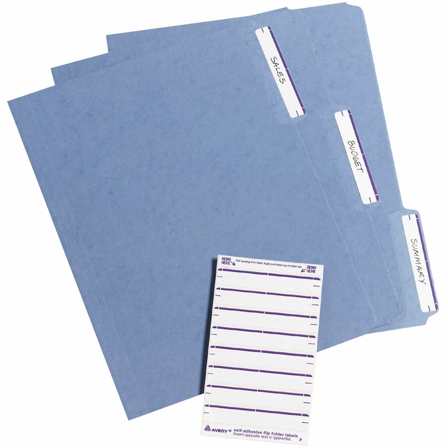 Avery&reg; File Folder Labels, White/Purple, 2/3" x 3-7/16" , 252 (5204) - 3 7/16" Height x 43/64" Width - Permanent Adhesive - Rectangle - Laser, Inkjet - Purple - Paper - PVC-free, Permanent Adhesive, Curl Resistant, Stick & Stay, Easy Peel - 7 / She...