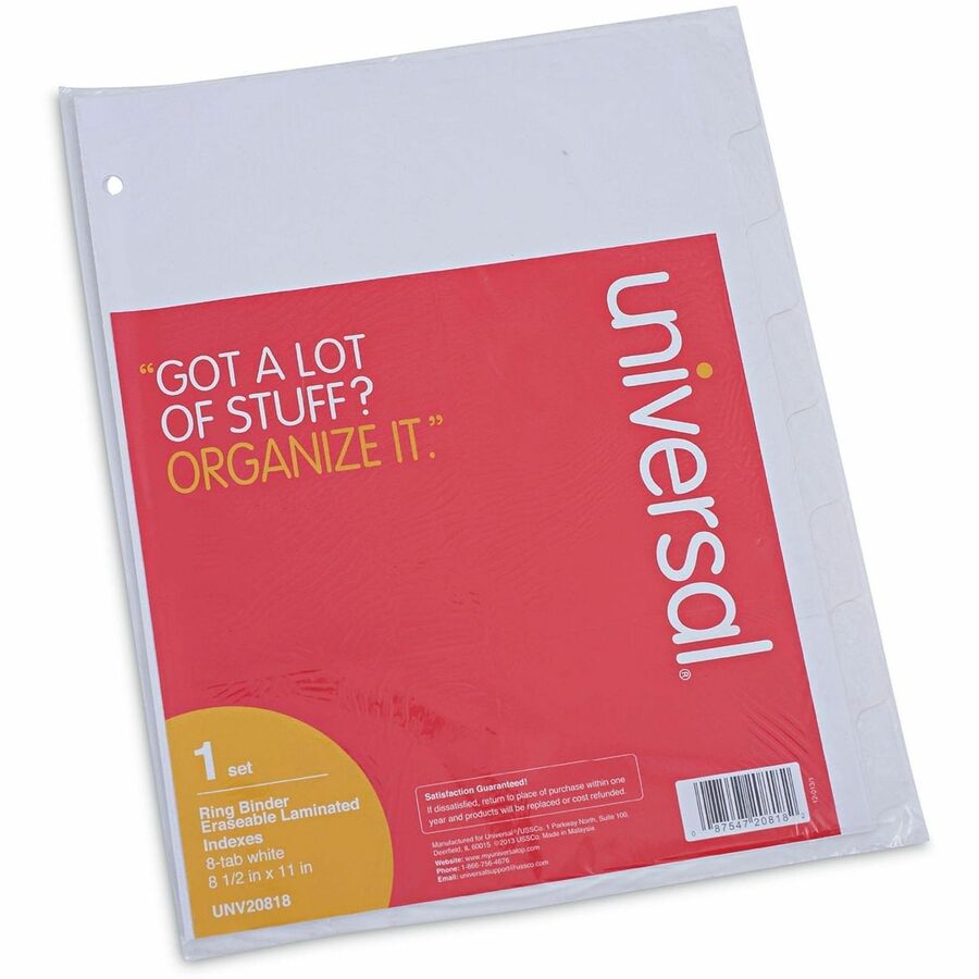 Universal Deluxe Write-On/Erasable Tab Index, 8-Tab, 11 x 8.5, White, White Tabs, 1 Set - 8 x Divider(s) - 8 Blank Side Tab(s) - 8 Tab(s)/Set - 8.5" Divider Width x 11" Divider Length - Letter - 3 Hole Punched - White Paper Divider - White Paper Tab(s)...