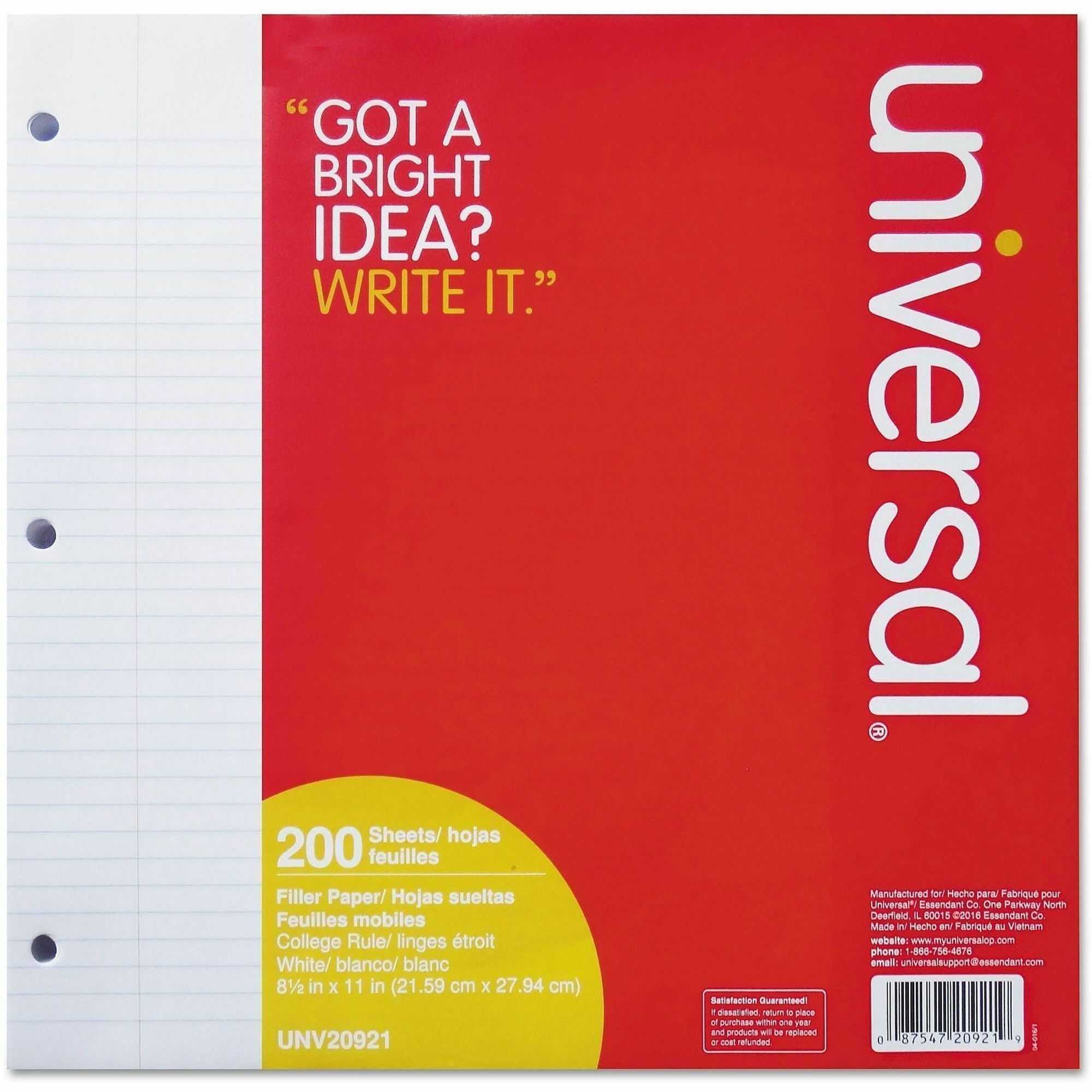 Universal Filler Paper, 3-Hole, 8.5 x 11, Medium/College Rule, 200/Pack - 200 Sheets - 16 lb Basis Weight - White Paper - 200 / Pack