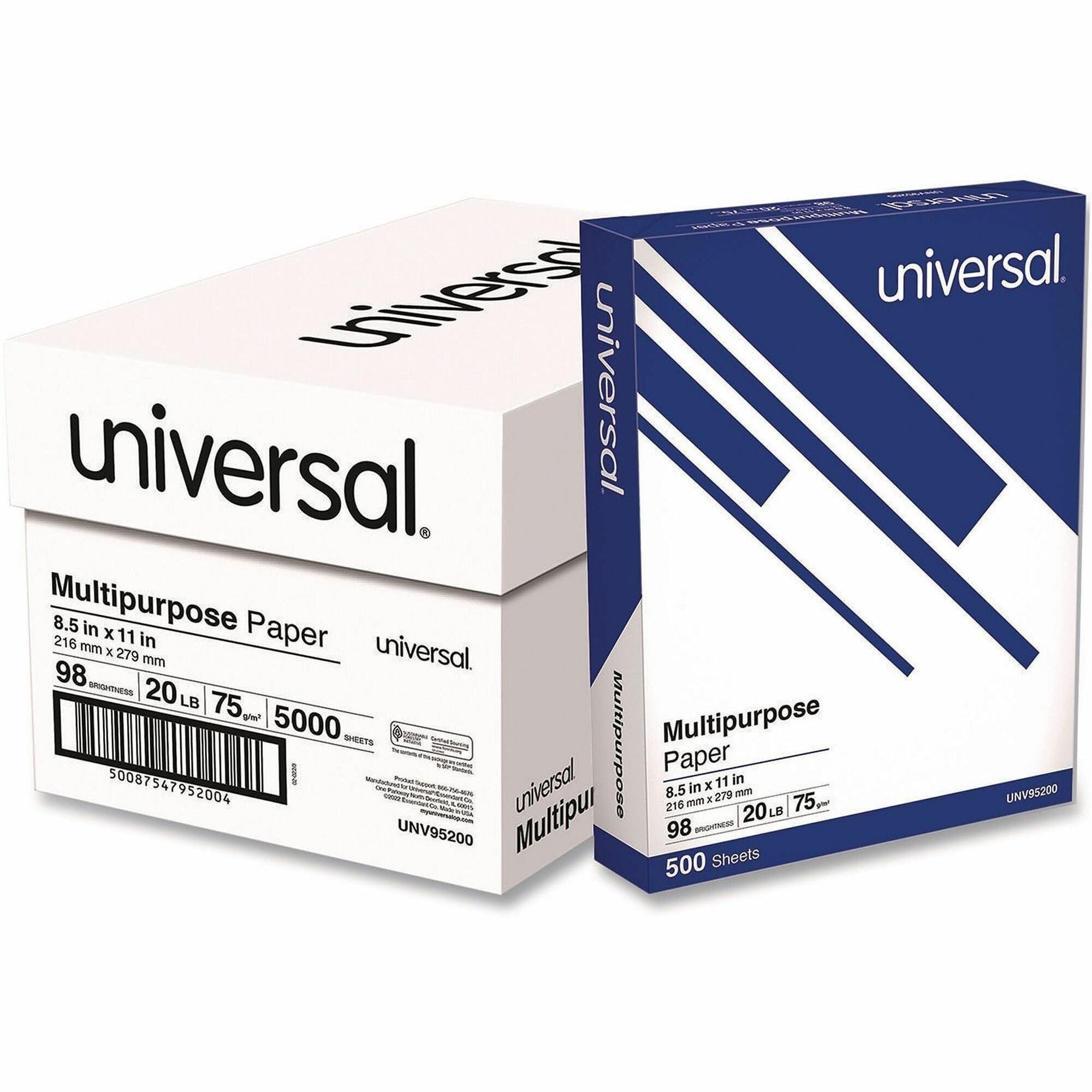 Universal Copy Paper - 98 Brightness - 20 lb Basis Weight - Bright White - 5000 Sheets - 500 Sheets per Ream - 10 Ream per Case