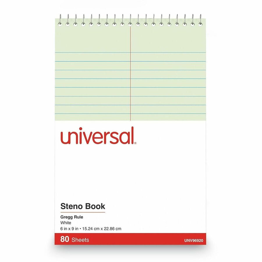 Universal Steno Pads, Gregg Rule, Red Cover, 80 Green-Tint 6 x 9 Sheets - 1 Subject(s) - 80 Sheets - Spiral - Red Margin - 16 lb Basis Weight - 6" x 9" Sheet Size - 9" Height x 6" Width - Green Paper - Chipboard Cover