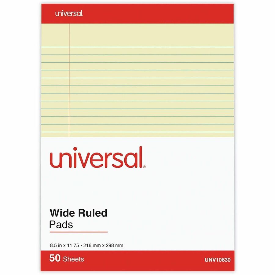 Universal Notepad - 1 Subject(s) - 50 Sheets - Tape Bound - Legal Ruled Red Margin - 16 lb Basis Weight - Letter - 8 1/2" x 11 3/4" Sheet Size - 11.75" Height x 8.5" Width - Canary Paper - 1 Dozen