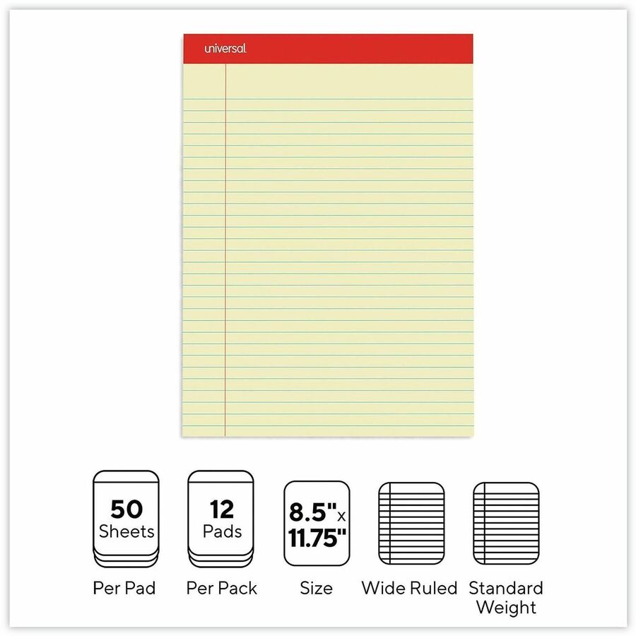 Universal Notepad - 1 Subject(s) - 50 Sheets - Tape Bound - Legal Ruled Red Margin - 16 lb Basis Weight - Letter - 8 1/2" x 11 3/4" Sheet Size - 11.75" Height x 8.5" Width - Canary Paper - 1 Dozen