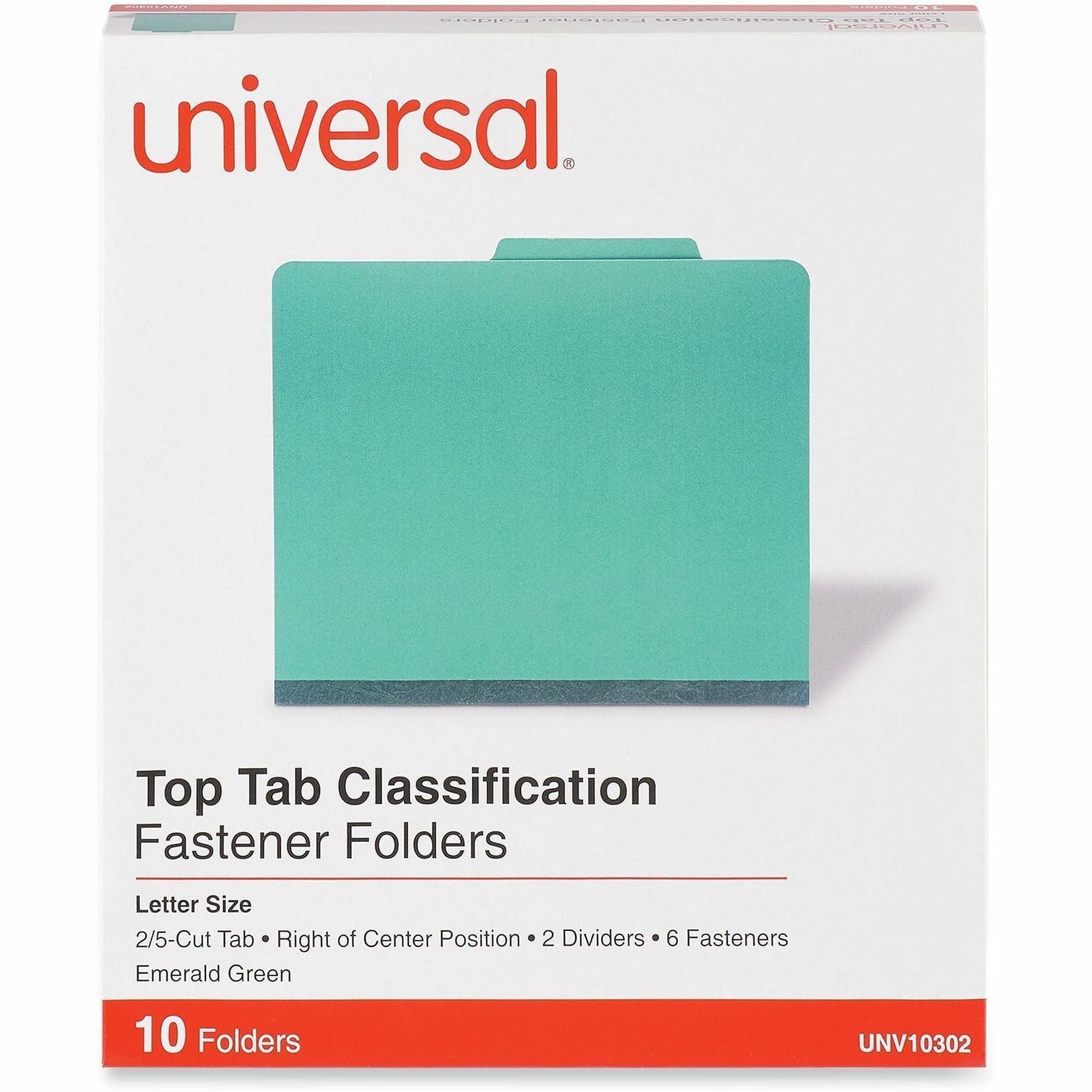 Universal 2/5 Tab Cut Letter Classification Folder - 8 1/2" x 11" - 2" Expansion - 6 Fastener(s) - 2" Fastener Capacity - Top Tab Location - Right of Center Tab Position - 2 Divider(s) - Emerald Green - 10 Box