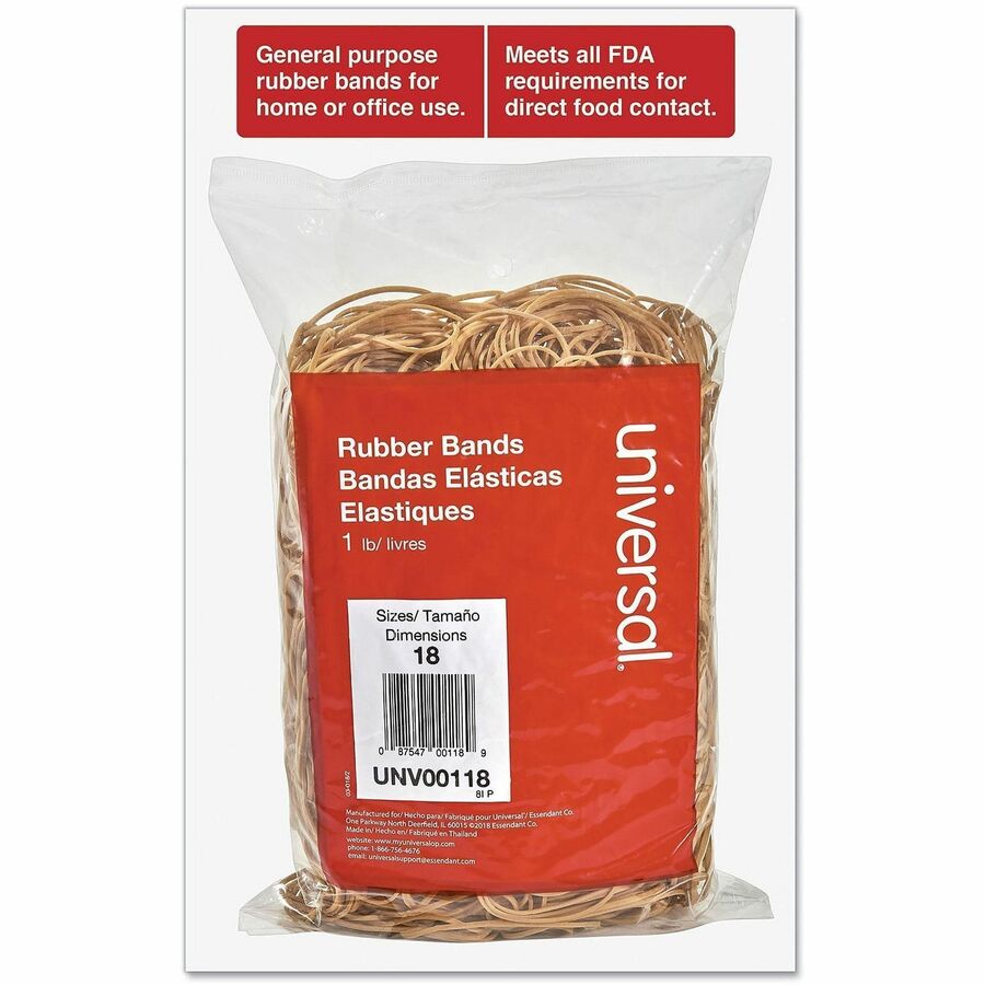 Universal 00118 Rubber Band - Size: #18 - 3" Length x 0.1" Width x 41.6 mil Thickness - 12 lb/in - Rubber - Beige - 1600 / Box