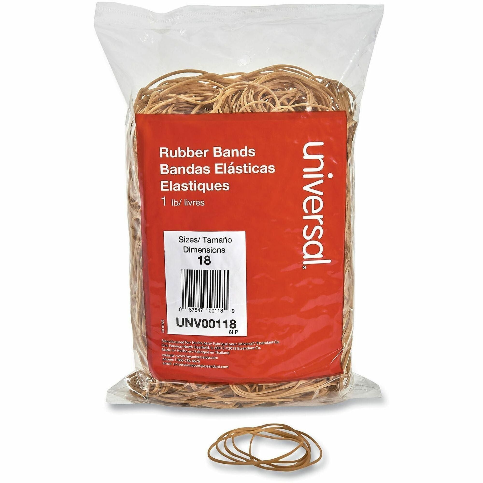 Universal 00118 Rubber Band - Size: #18 - 3" Length x 0.1" Width x 41.6 mil Thickness - 12 lb/in - Rubber - Beige - 1600 / Box
