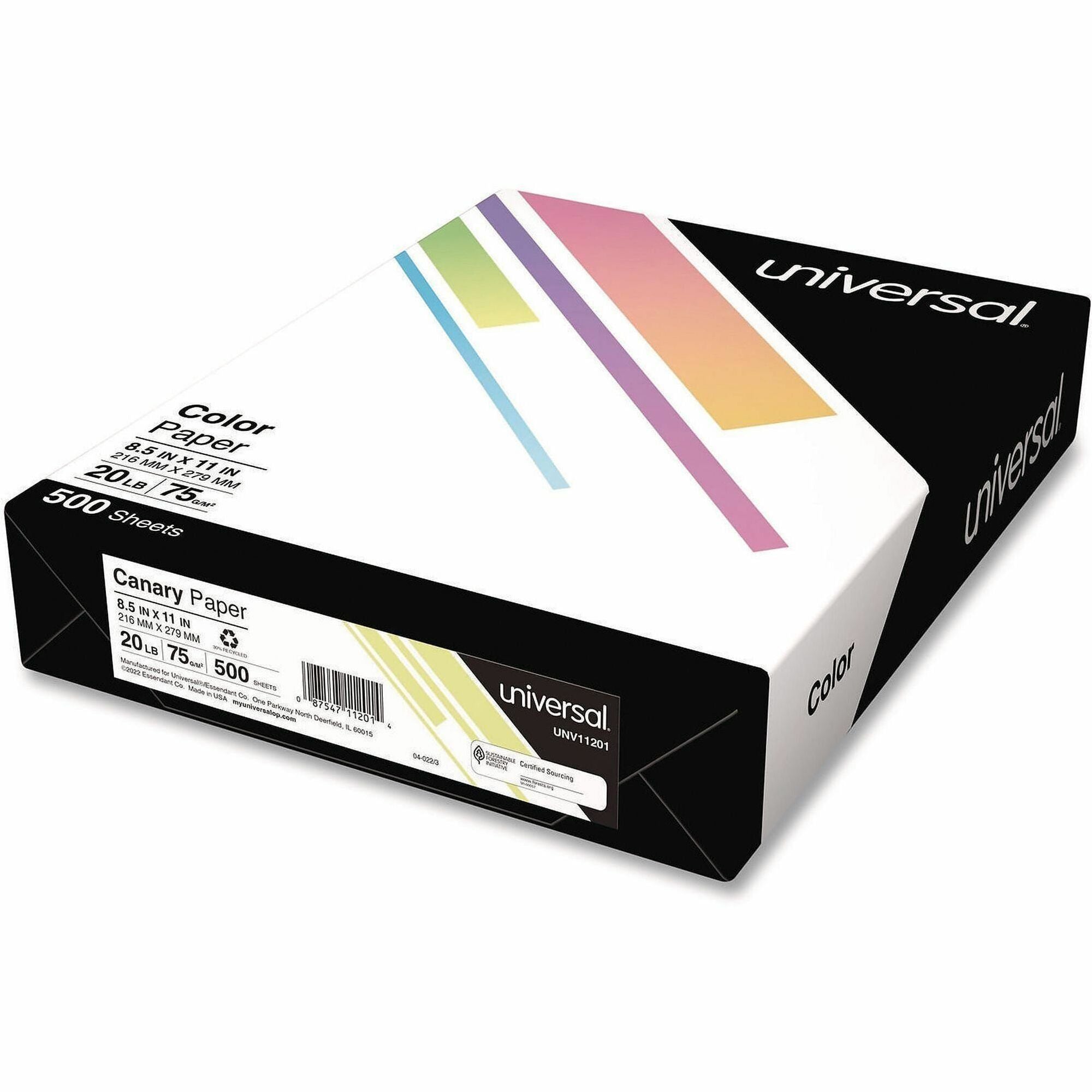 Universal Deluxe Colored Paper, 20 lb Bond Weight, 8.5 x 11, Canary, 500/Ream - 20 lb Basis Weight - 75 g/m² Grammage - Canary - 500 Sheets - 500 / Ream