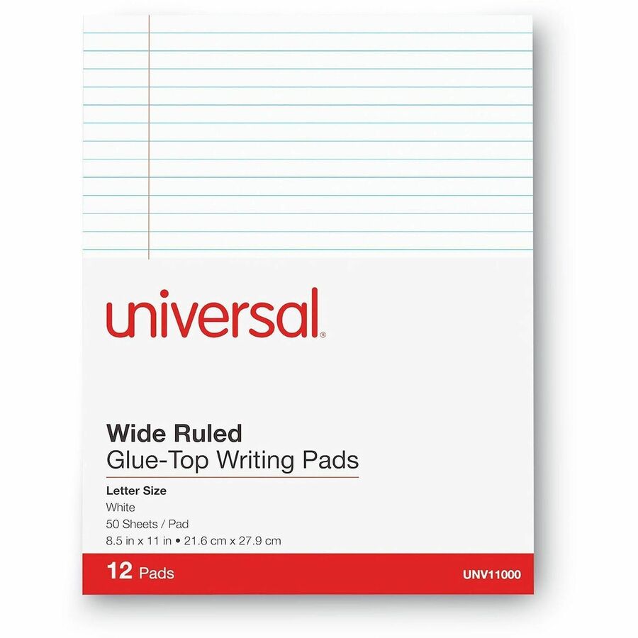 Universal Glue Top Pads, Wide/Legal Rule, 50 White 8.5 x 11 Sheets, Dozen - 1 Subject(s) - 50 Sheets - Glue - 0.34" Ruled - Unruled Margin - 16 lb Basis Weight - Letter - 8 1/2" x 11" Sheet Size - 8.5" Width - White Paper - Chipboard Cover - 1 Dozen
