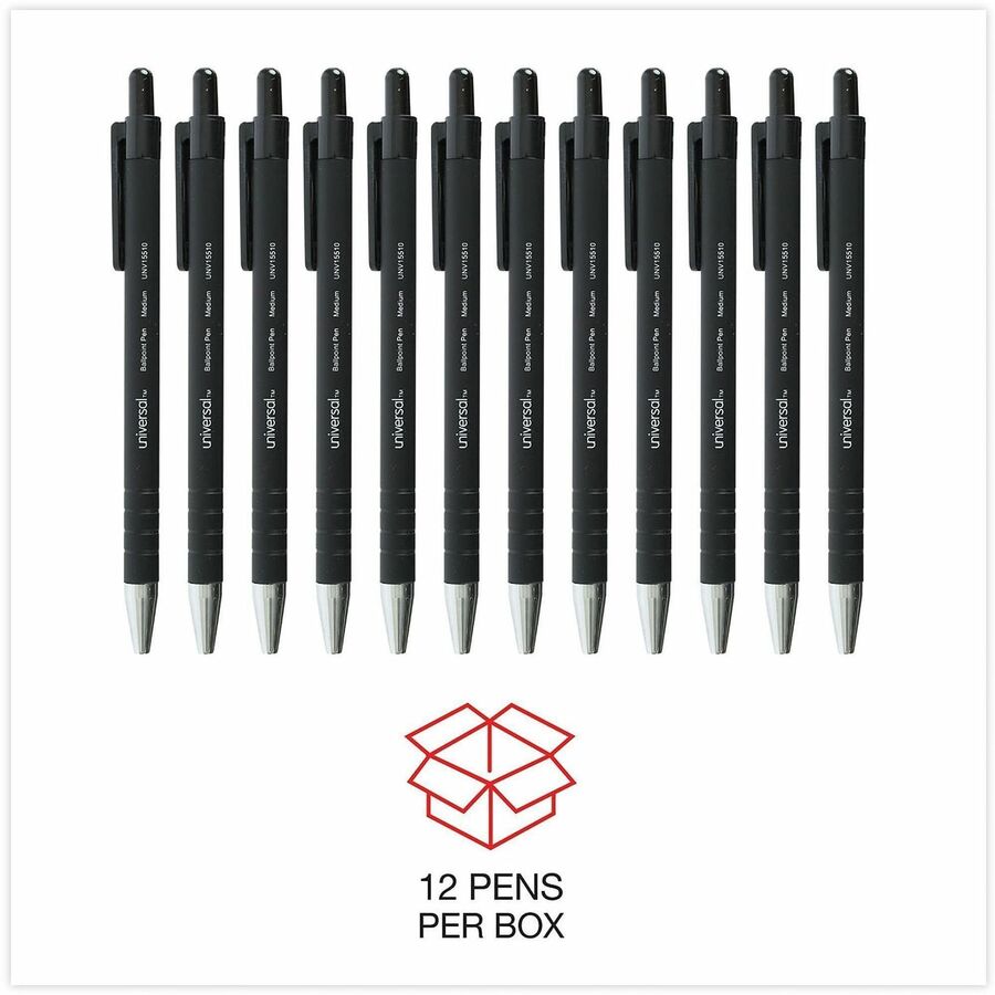 Universal Ballpoint Pen, Retractable, Medium 1 mm, Black Ink, Black Barrel, Dozen - 1 mm Medium Conical Pen Point - Retractable - Black Ink - Black Barrel - 1 Dozen