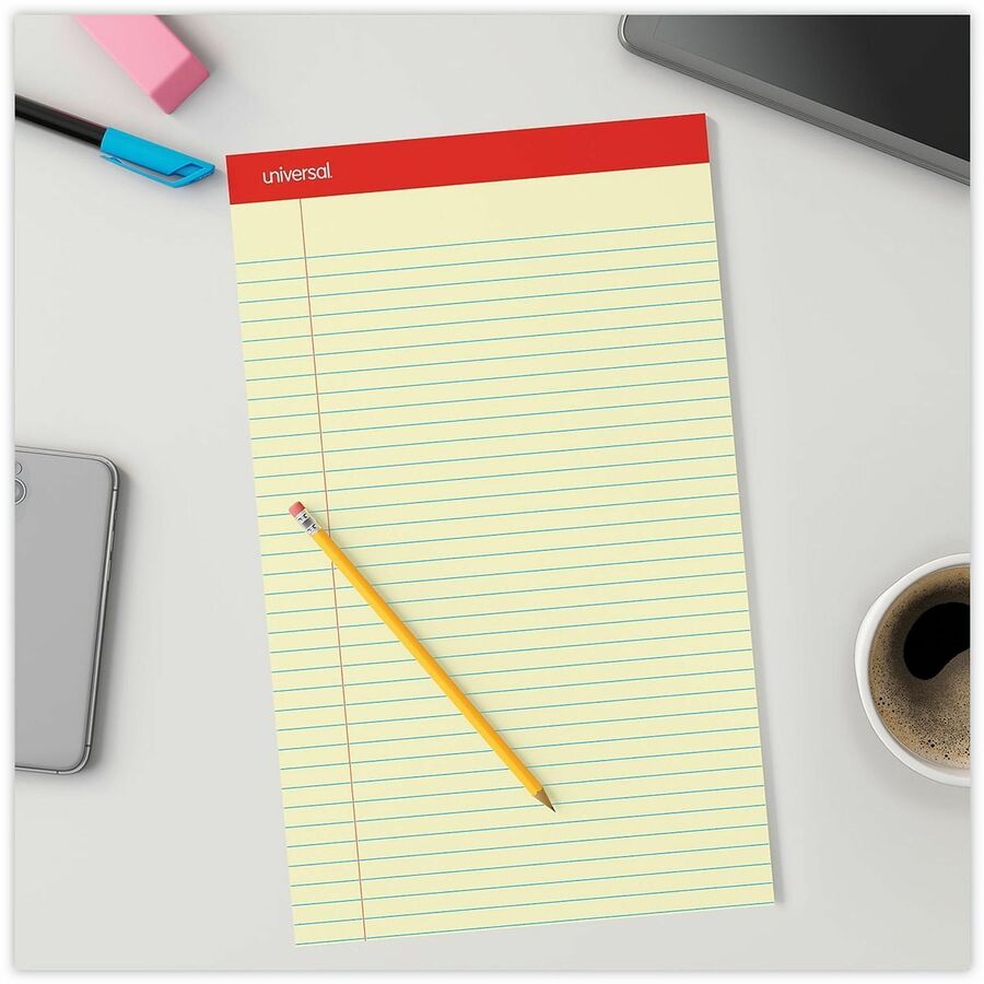 Universal Notepad - 1 Subject(s) - 50 Sheets - Tape Bound - Legal Ruled Red Margin - 16 lb Basis Weight - Legal - 8 1/2" x 14" Sheet Size - 8.5" Width - Canary Paper - 1 Dozen
