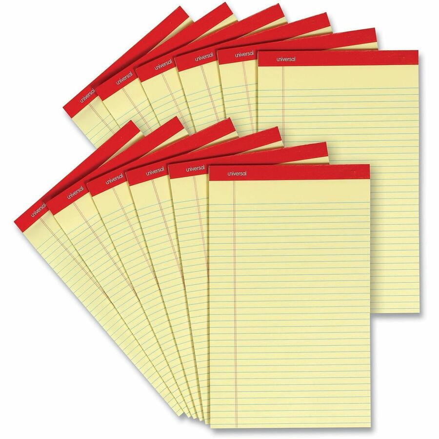 Universal Notepad - 1 Subject(s) - 50 Sheets - Tape Bound - Legal Ruled Red Margin - 16 lb Basis Weight - Legal - 8 1/2" x 14" Sheet Size - 8.5" Width - Canary Paper - 1 Dozen