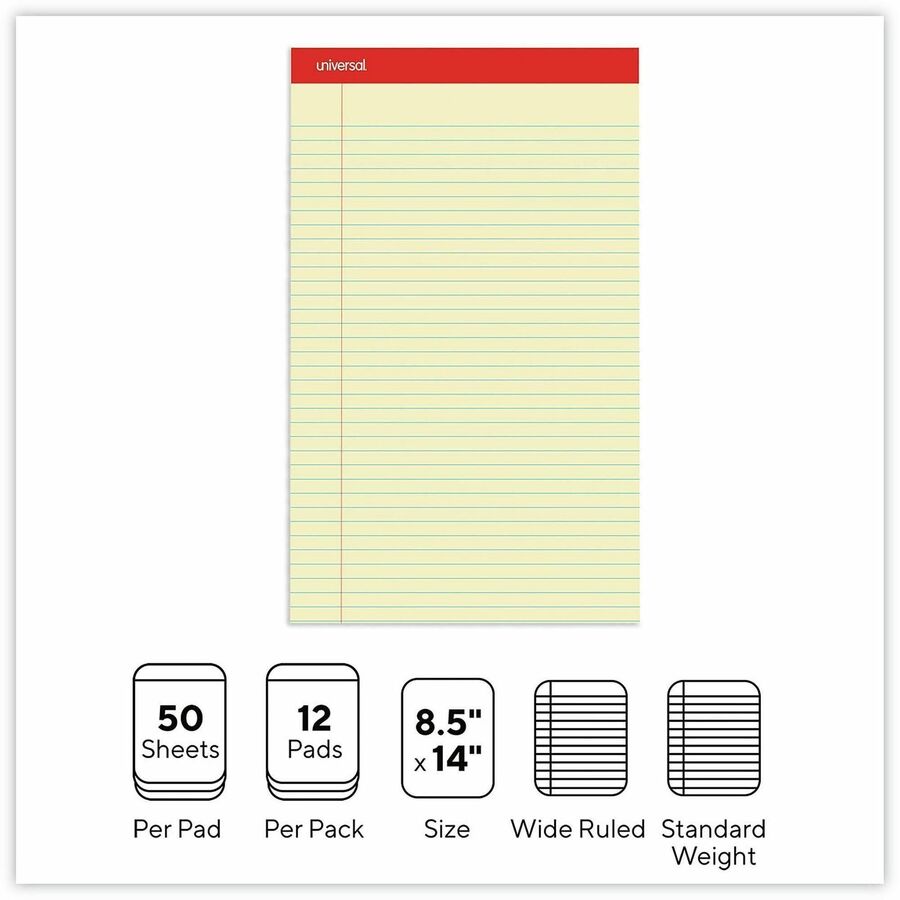 Universal Notepad - 1 Subject(s) - 50 Sheets - Tape Bound - Legal Ruled Red Margin - 16 lb Basis Weight - Legal - 8 1/2" x 14" Sheet Size - 8.5" Width - Canary Paper - 1 Dozen