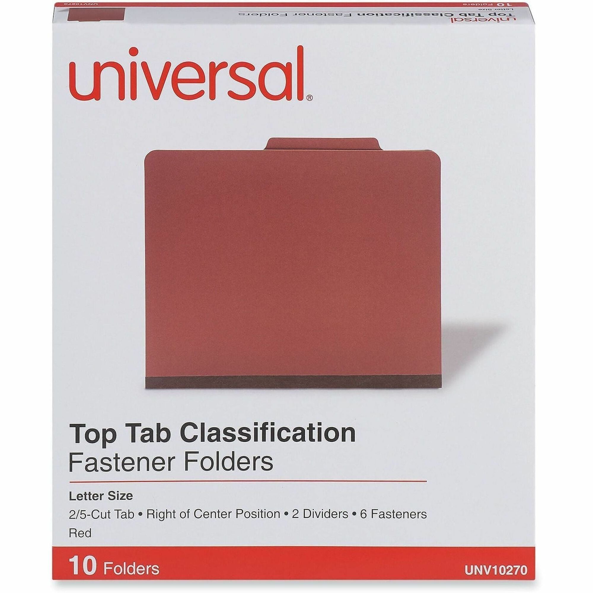 Universal 2/5 Tab Cut Letter Classification Folder - 8 1/2" x 11" - 2" Expansion - 6 Fastener(s) - 2" for Folder - Top Tab Location - Right of Center Tab Position - 2 Divider(s) - Red - 10 Box