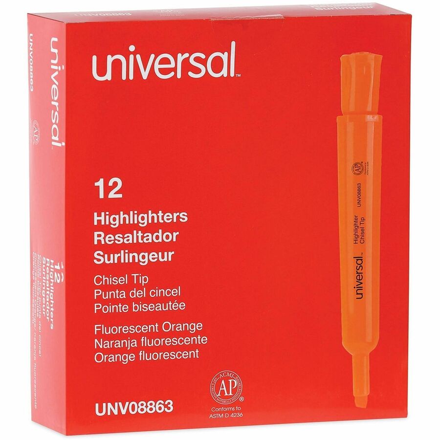 Universal Desk Highlighters, Fluorescent Orange Ink, Chisel Tip, Orange Barrel, Dozen - Chisel Marker Point - Fluorescent Orange Ink - Orange Round, Tank Barrel - 1 Dozen