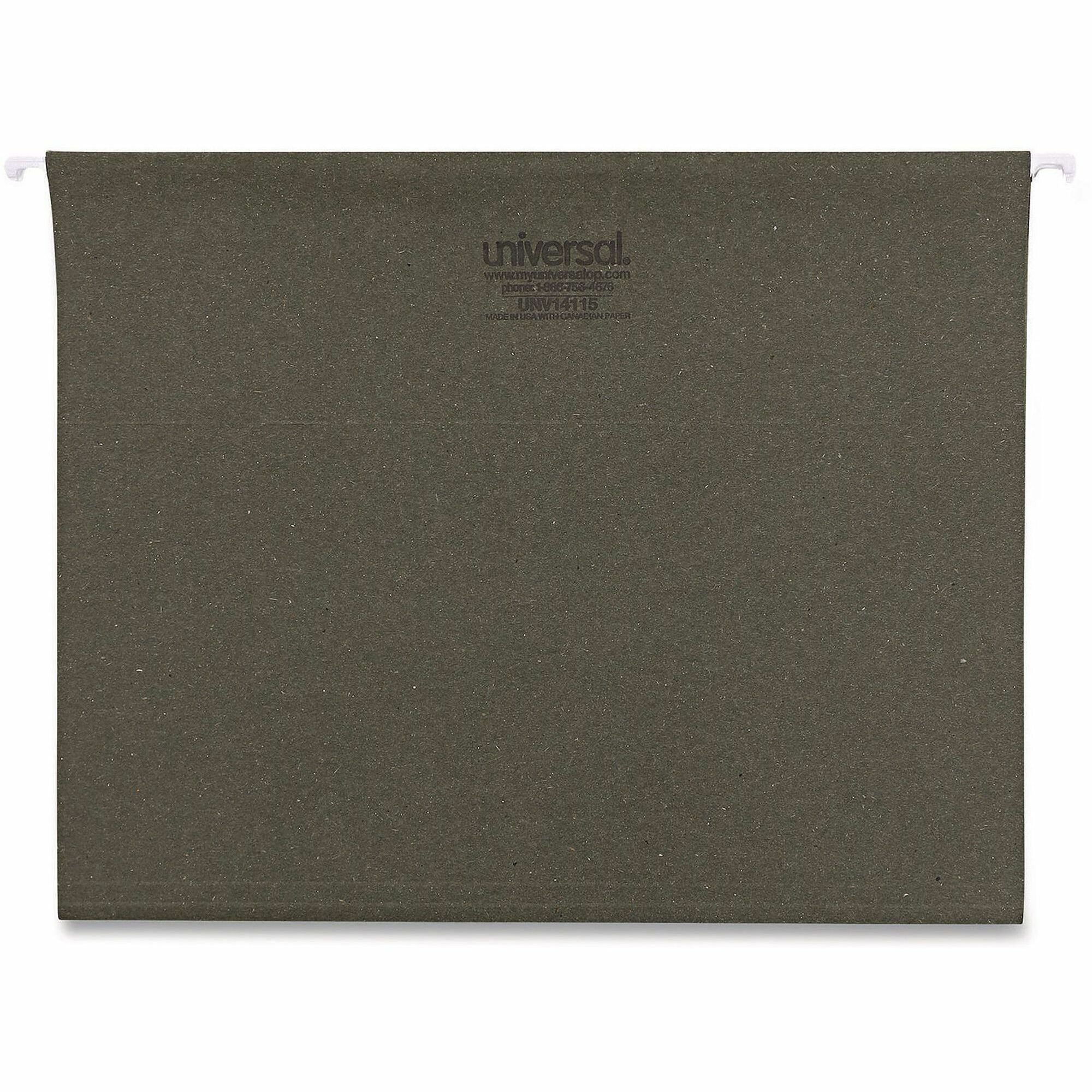 Universal 1/5 Tab Cut Letter Hanging Folder - 8 1/2" x 11" - Assorted Tab Position - 11 pt. - Stock - Standard Green - 25 Box