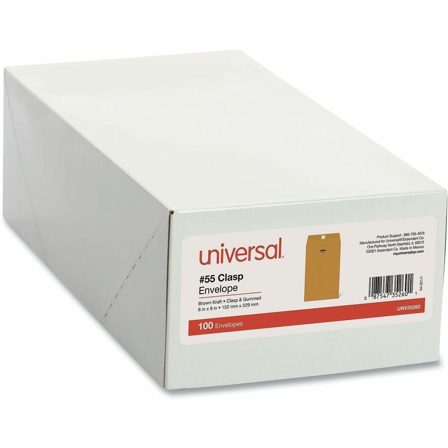 Universal Envelope - Clasp - #55 - 6" Width x 9" Length - 28 lb - Clasp/Gummed Flap - Brown Kraft - Kraft Paper - 100 / Box