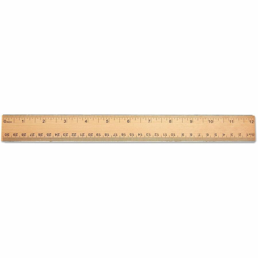 Universal Flat Wood Ruler with Double Metal Edge, 12" , Clear Lacquer Finish - 12" Length x 1.4" Width - 1/16, 1/32 Graduations - Metric, Standard Measuring System - Wood - Clear - 1 Each