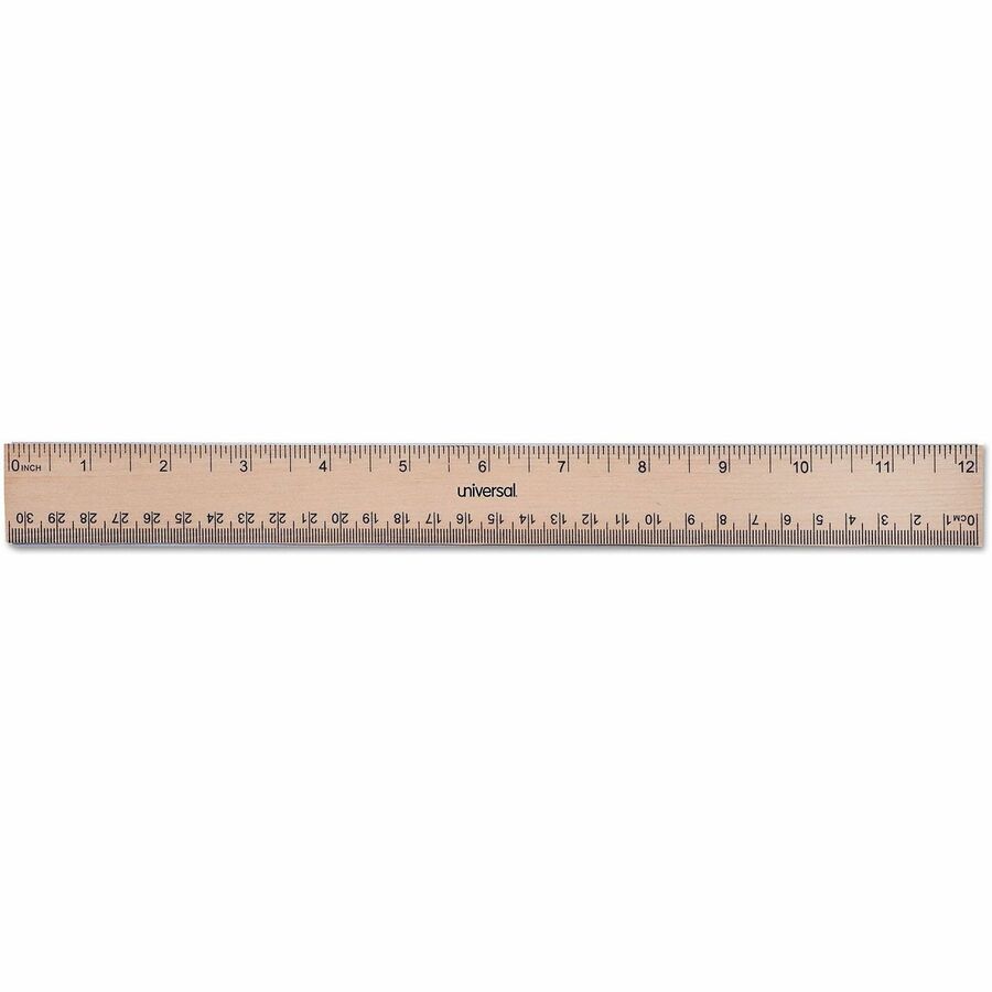 Universal Flat Wood Ruler with Double Metal Edge, 12" , Clear Lacquer Finish - 12" Length x 1.4" Width - 1/16, 1/32 Graduations - Metric, Standard Measuring System - Wood - Clear - 1 Each
