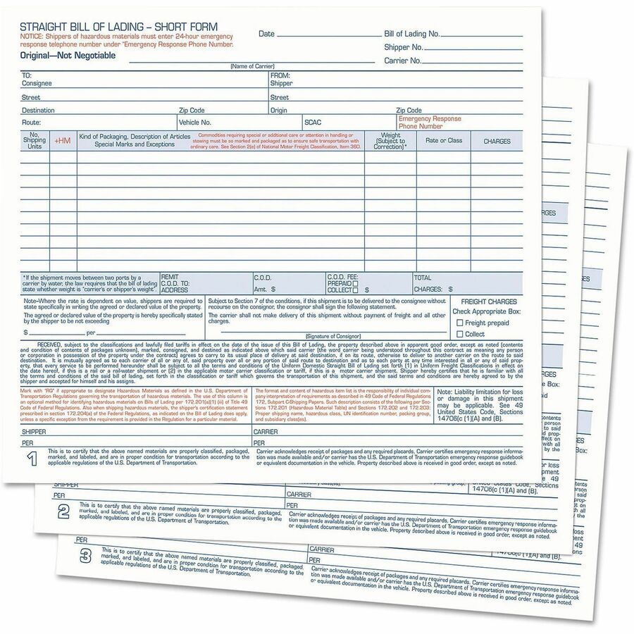 TOPS 3-part Hazardous Material Short Form - 3 Part - Carbonless Copy - 8.50" x 6.93" Form Size - 7.62" x 8.50" Sheet Size - White Sheet(s) - Blue Print Color - 250 / Box