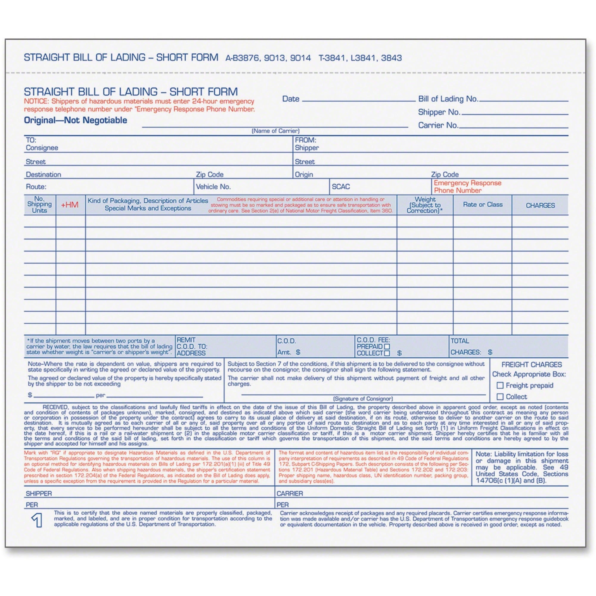TOPS 3-part Hazardous Material Short Form - 3 Part - Carbonless Copy - 8.50" x 6.93" Form Size - 7.62" x 8.50" Sheet Size - White Sheet(s) - Blue Print Color - 250 / Box